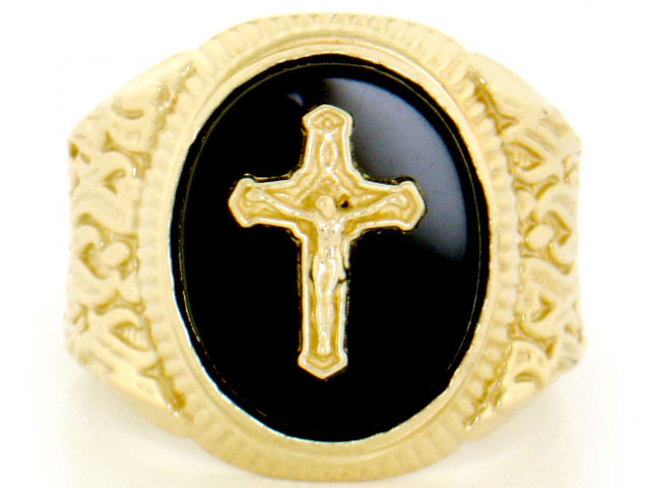 10k / 14k Solid Gold Oval Onyx Crucifix Jesus Cross Mens Ring