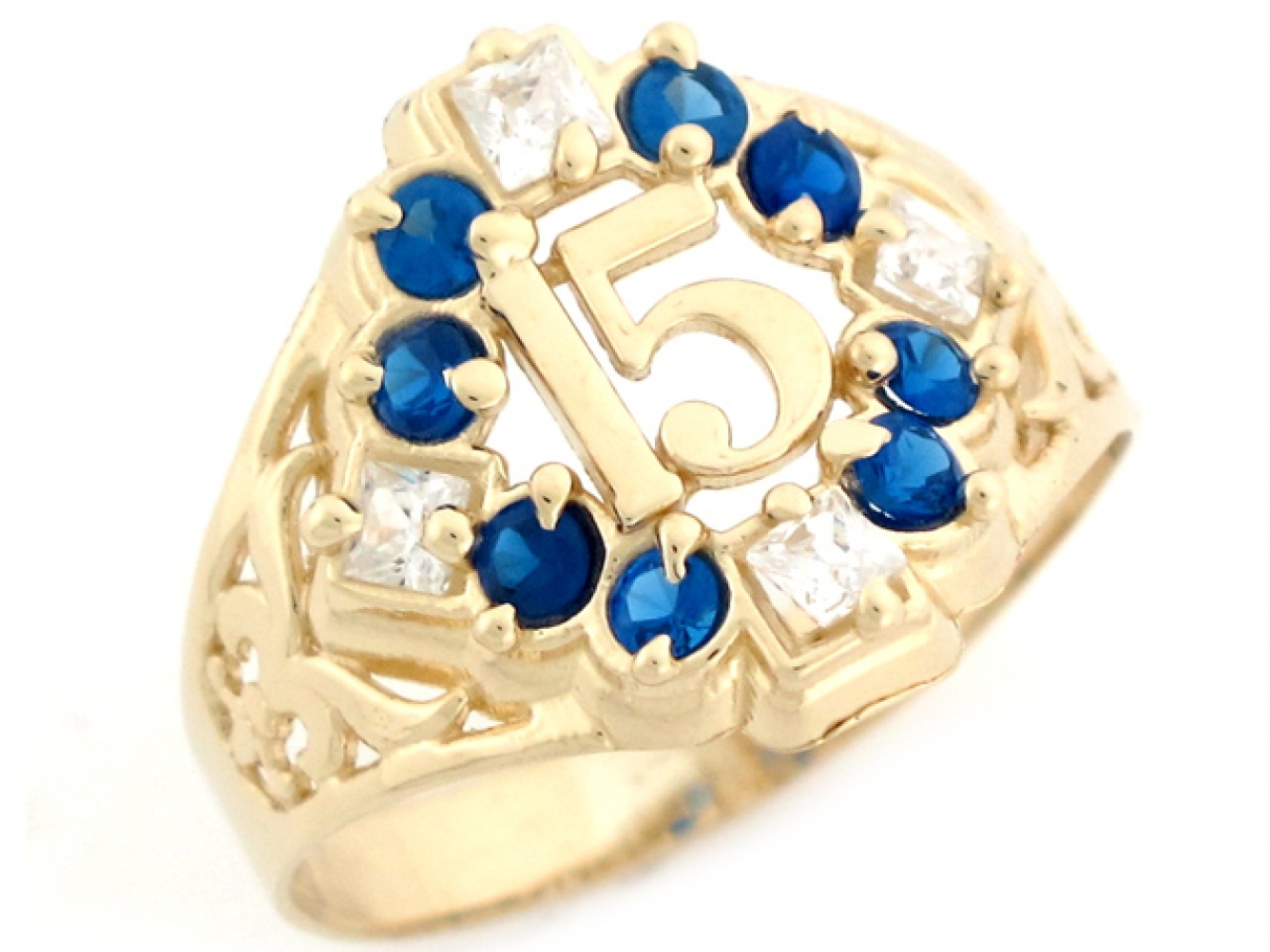 10k / 14k Yellow Gold Sapphire CZ Quinceanera 15 Anos Simulated